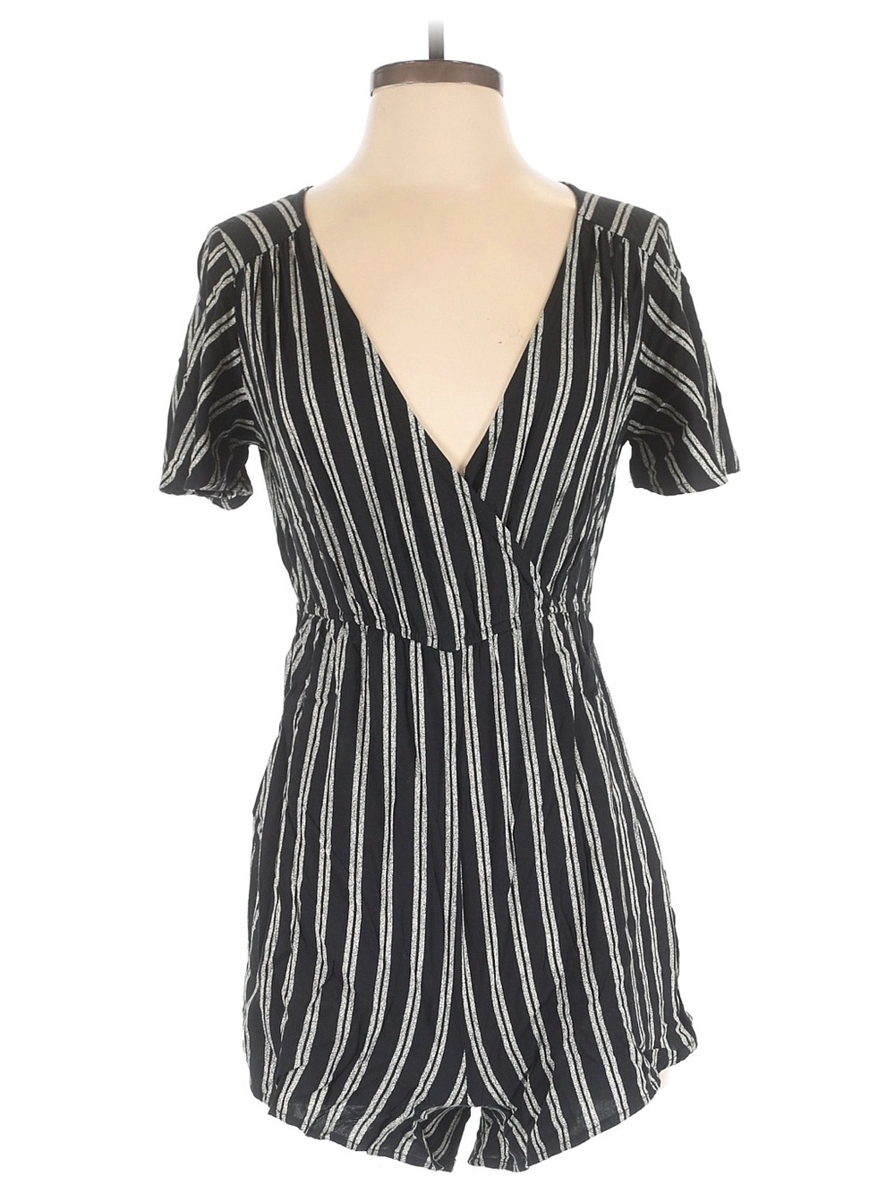 Xhilaration Black and White Striped V-Neck Short Sleeve Romper